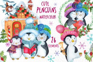 Cute Watercolour Penguins Clip Art & Illustrations